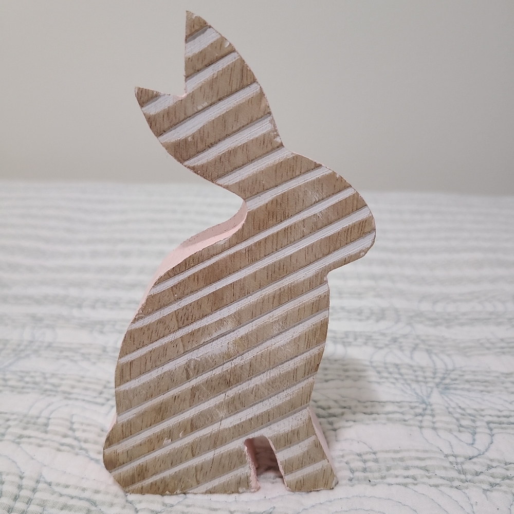 Easter wooden Rabbit Bunny pink white Striped Ribbed Farmhouse 6"H